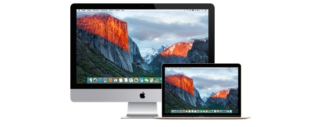 Apple iMac y MacBook con pantalla Retina mostrando el Parque Nacional de Yosemite como imagen de fondo.